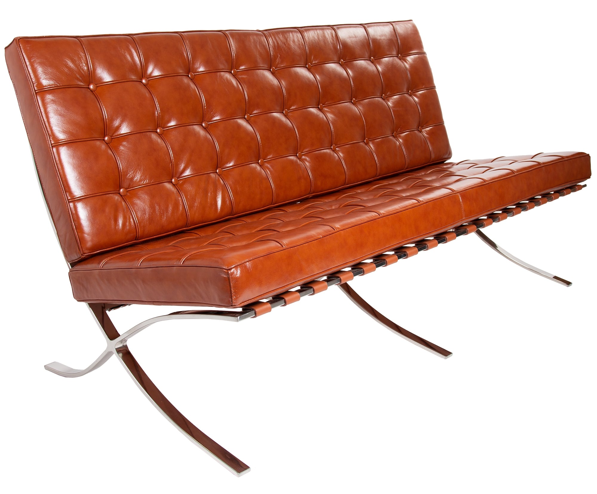 Ludwig Mies vd Rohe style, 2 seters sofa Barcelona Pavillion 2 seters sofa Cognac
