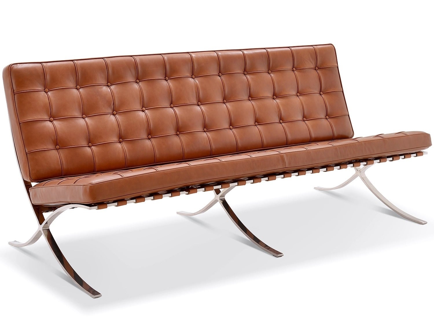 Ludwig Mies vd Rohe style, 3 seters sofa Barcelona Pavillion 3 seters sofa Cognac