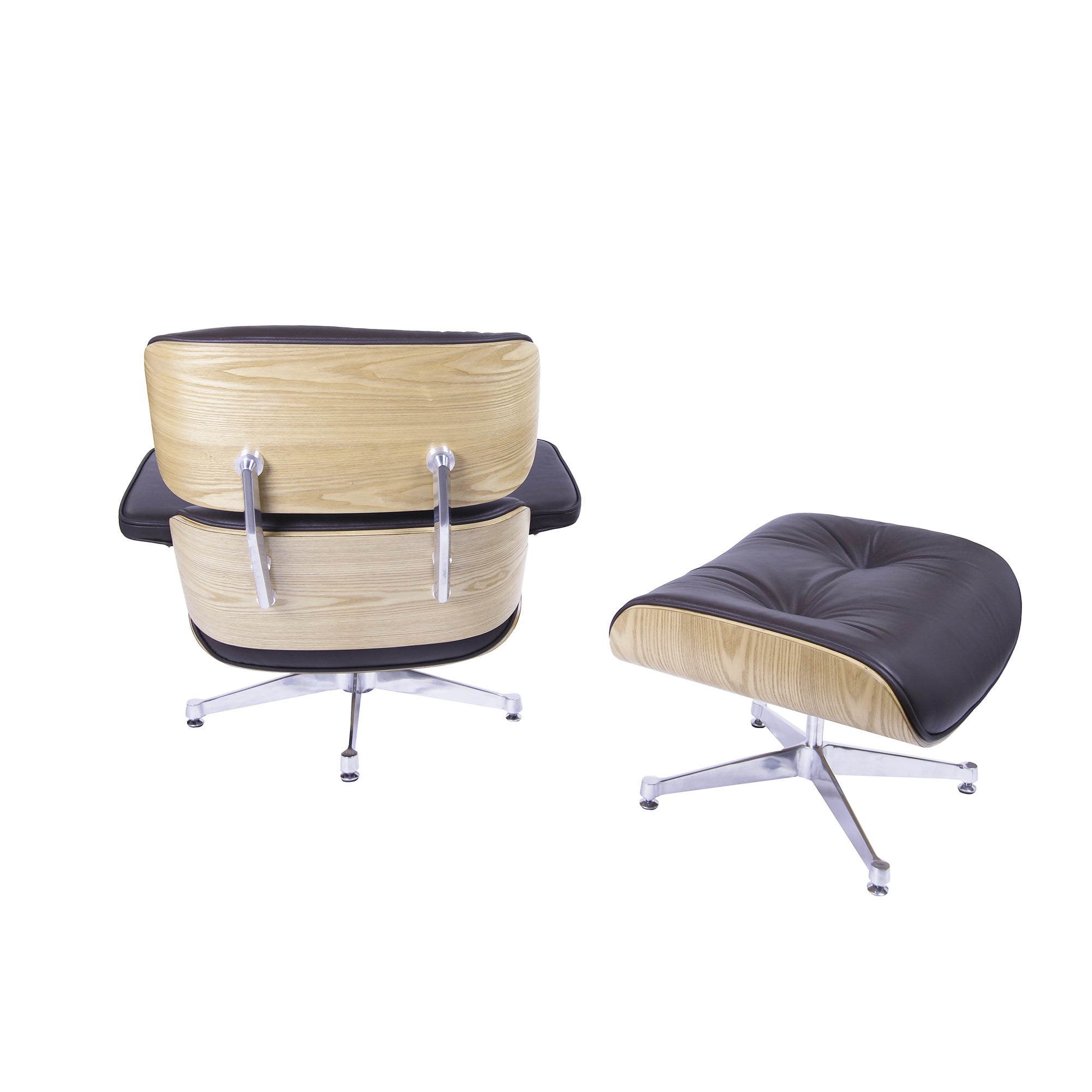 Charles Eames style, Lenestol med Hocker EA670 brun asketre Polert base