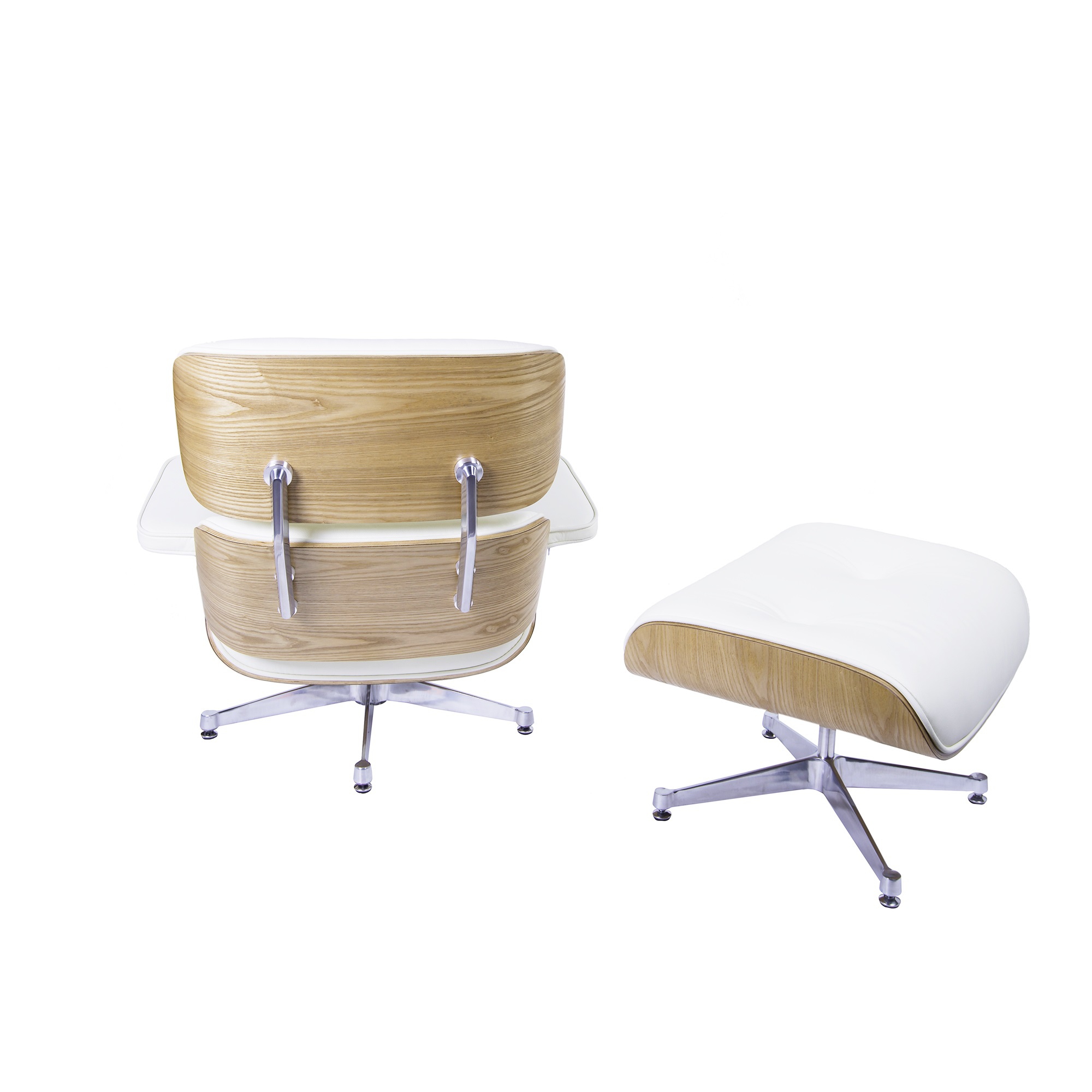 Charles Eames style, Lenestol med Hocker EA670 creme asketre Polert base