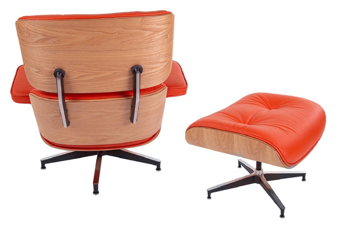 Charles Eames style, Lenestol med Hocker EA670 SPECIAL EDITION rød asketre Sort base